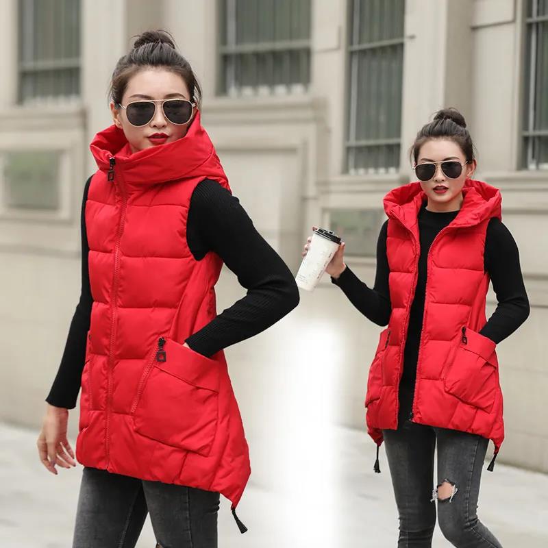 Autumn and Winter Women Down Cotton Vest Thick Hooded Sleeveless Cotton Coats Plus Size Lady Warm Clothing