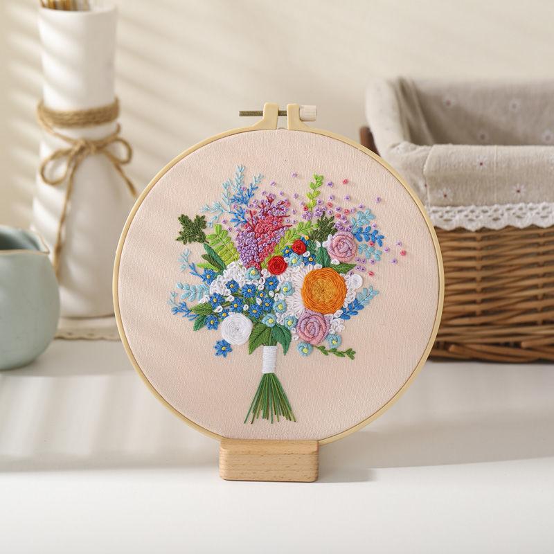 Floral Hand Cross Stitch Embroidery Cloth Starter Kits Needlepoint Color Threads Bamboo Hoop DIY