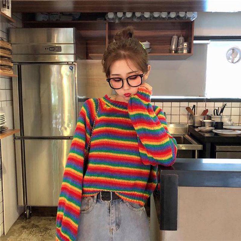 Short Rainbow Striped Sweaters Women Jumpers Knitted O-neck Loose Pullover Long Sleeve Knit Sweater Winter Female