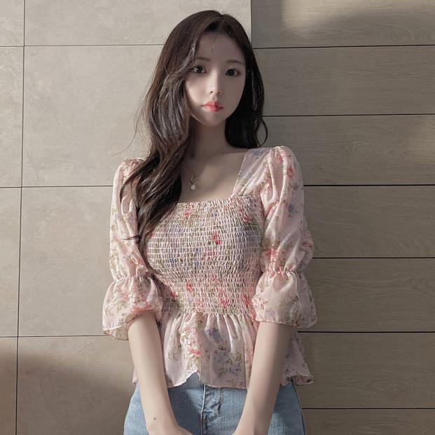 Summer Sweet Floral Bell-sleeved Chiffon T-Shirts with Ruffles At The Waist