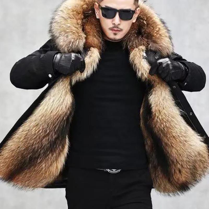 Large Fur Collar Down Jacket Men's Winter Thick Cotton Jacket Regular Hooded Outwear Fur Jacket Parka