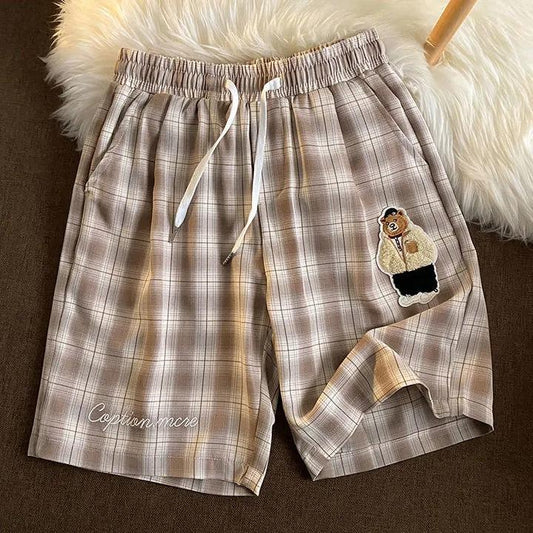 Bear Embroidered Plaid Pants Women's Summer Loose and Thin All-match Straight Pants Shorts Five-point Pants Ins Casual Shorts