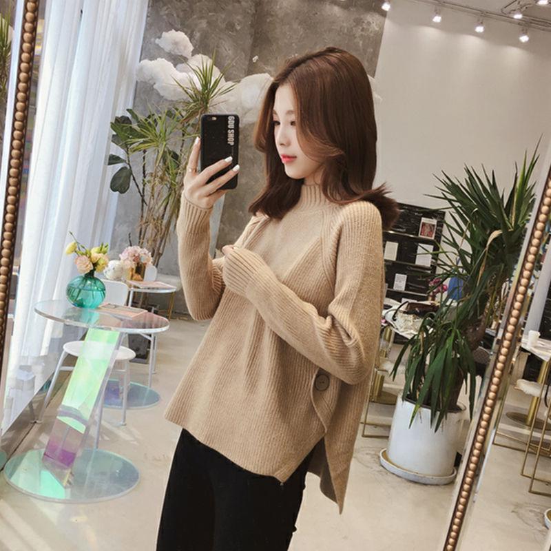 Autumn and Winter Half Turtleneck Sweater Long-sleeved Loose Thick Coat Pure Color Young Women's Knitted Top