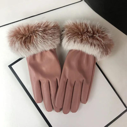 Leather Gloves Women's Rabbit Fur Plus Velvet Padded Gloves Warm and Windproof Riding Touch Screen Gloves