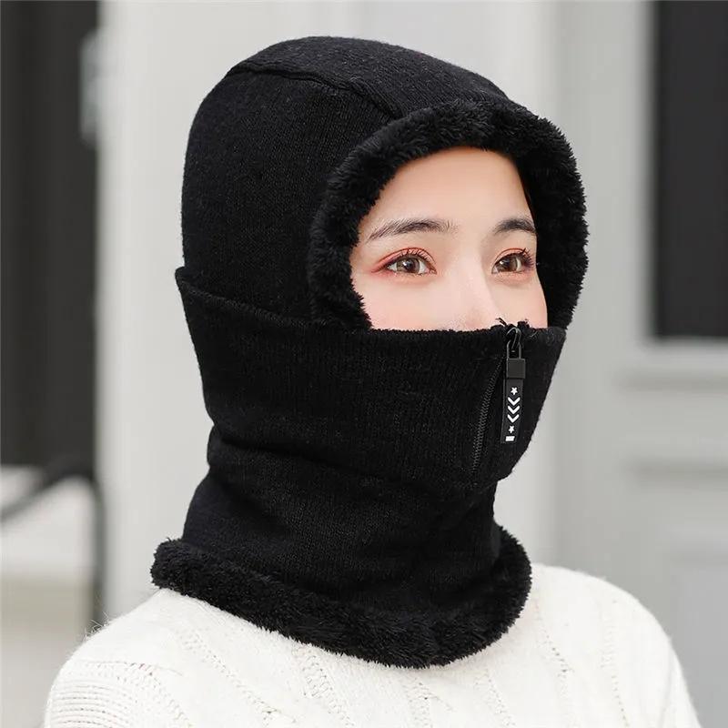 Mother Warm Winter Knit Beanie Fur Pom Hat Zipper Scarf Cap Woolen Hat Women Winter Thickened Riding Windproof Mask Bib Integrated Scarf Hats Set