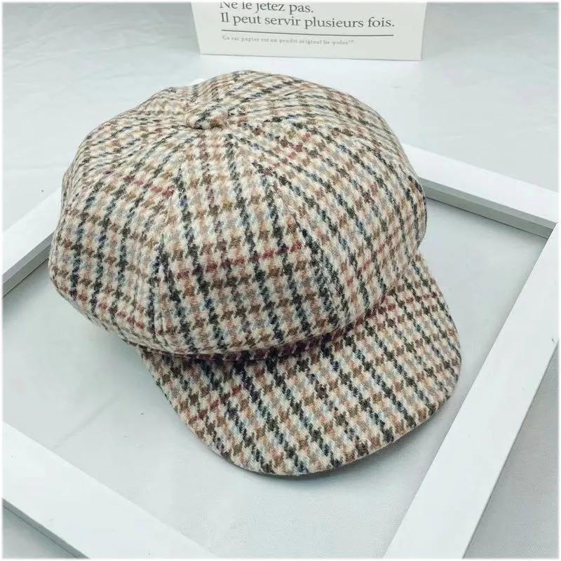 Women's Vintage Plaid Beret All-match Winter Octagonal Hat Ladies Round Face Spring Autumn Warm Korean Retro Top Hat Woolen Striped Painter Hat