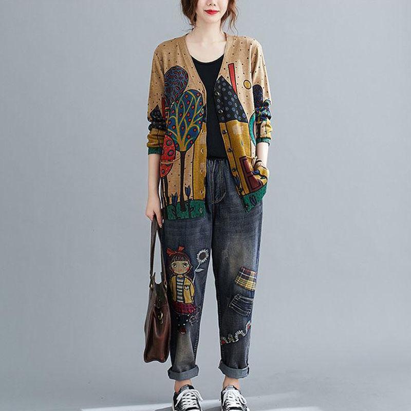 Vintage Art Plus Size V-neck Cardigan Coat Printed Long-sleeved Sweater Women Knitted Jacket with Pockets