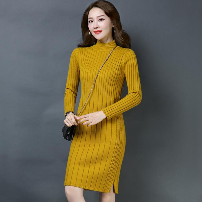 Womens Knitted Dress Autumn Winter Vintage Ladies Slim Sweater Dress Long Sleeve Knit Dresses