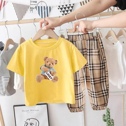 Children's Suits Boys Summer Bear Print Solid Color Cotton Soft Short Sleeves + Nine-point Pants Girls Handsome Clothes Two-piece Set