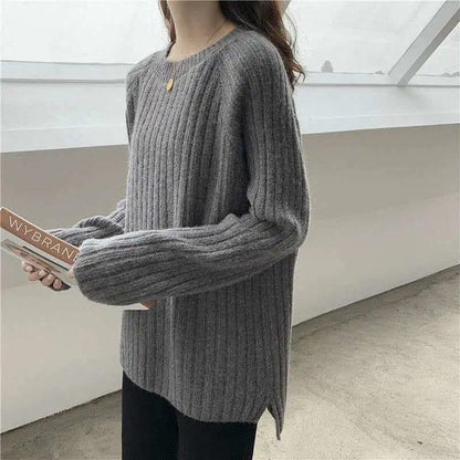 Autumn and Winter Loose Jacket Mid-length Casual Solid Color Sweater Round Neck Pullover Young Women's Top