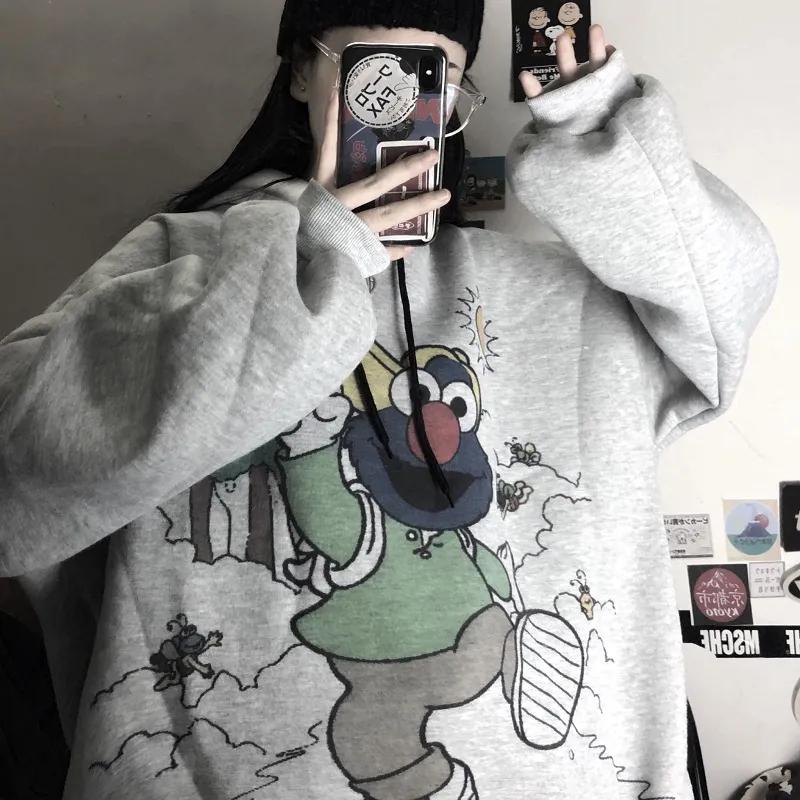 Hooded Sweatshirts Cartoon Printed Oversized Loose Harajuku Hoodies Women Winter Fleece Clothes Streetwear Hip Hop Pullover Tops Plus Size Sportshirts