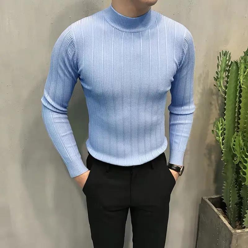 Half Turtleneck Sweater Men's Long-sleeved Sweater Korean Version of Slim High-neck Striped Sweater Men's Bottoming Shirt