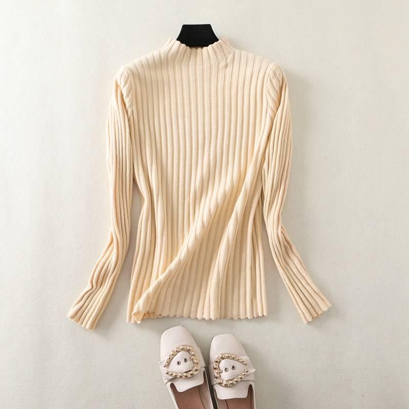 Turtleneck Knitted Sweater Lady Solid Slim Pullovers Casual Long Sleeve Striped Elasticity Pullover