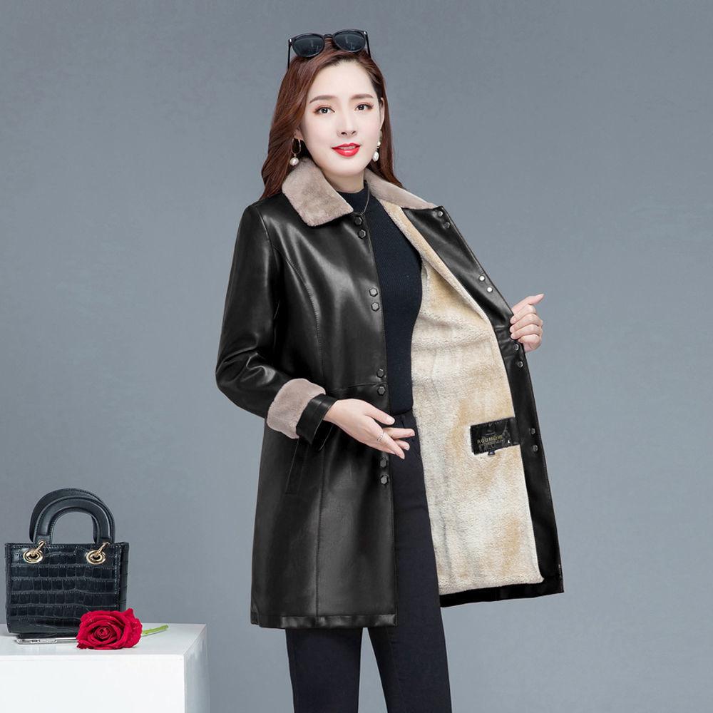 Winter Fashion Cool Leather Jacket Thick Velvet Leather Jacket Women's Mid-length Plus Velvet Thick Leather Coat Leather Jacket  Parka Coat