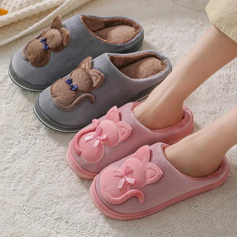 Couples Slippers Cute Cat Women Winter Warm Slippers Home Indoor Non Slip Slide Men Slippers