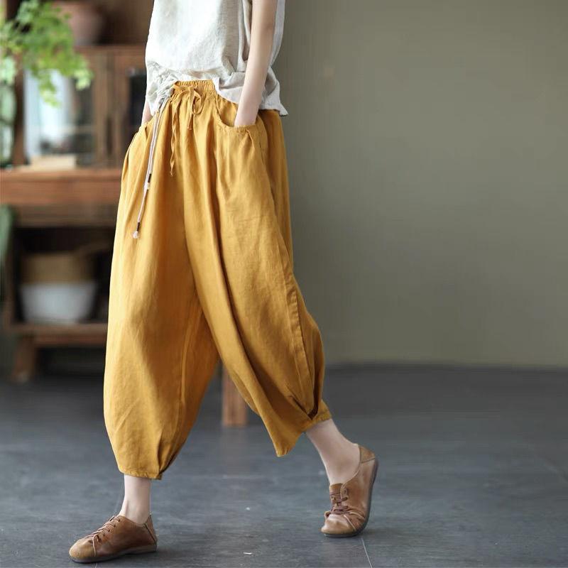 WTEMPO Lantern Pants M-XXXL Cotton Linen Pants Women Spring and Summer Loose Elastic Waist Solid Color Casual Trousers