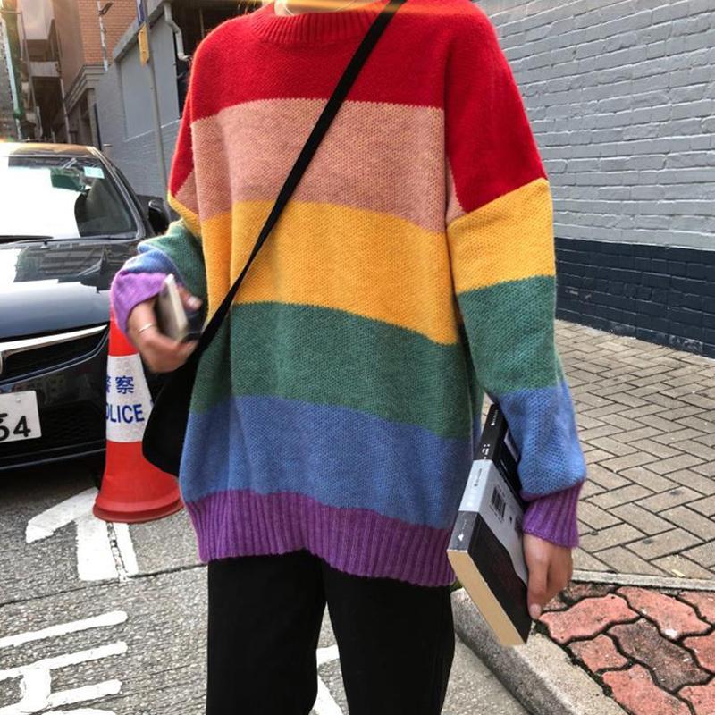 Rainbow Striped Sweaters Women Jumpers Knitted  Round Neck Loose Pullover Long Sleeve Knit Sweater Autumn Winter Female