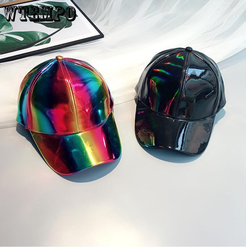 Women Men Color Gradient Shiny Metallic Laser Leather Snapback Baseball Caps