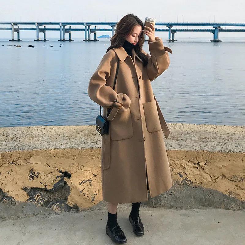 Haze Blue Woolen Coat Women's Mid-length Autumn and Winter Student Loose Hepburn Style Woolen Coat