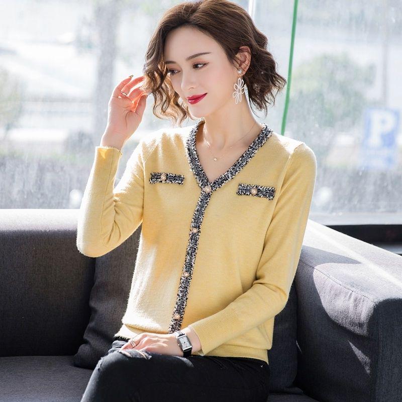 Autumn and Winter Pullover V-neck Raw Edge Stitching Long-sleeved Knit Sweater Loose Bottoming Top Women