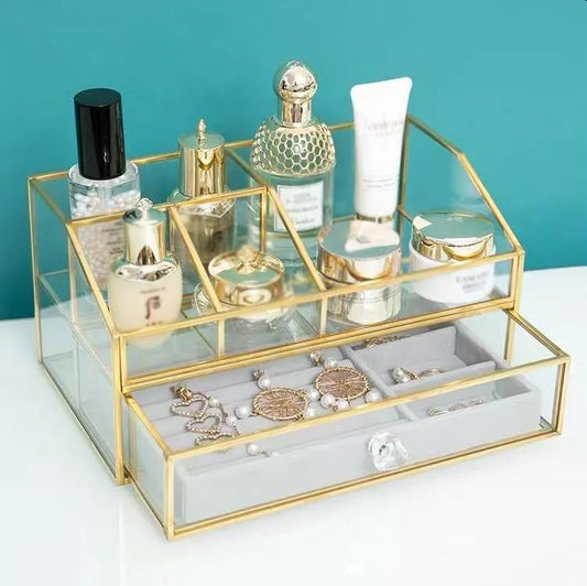 European-style Brass Small Transparent Glass Cosmetic Storage Box Skin Care Products Perfume Lipstick Pressed Powder Desktop Rack