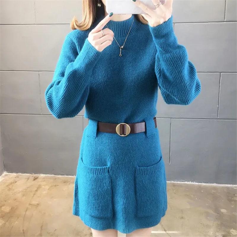 Korean Style Loose Outer Wear Mid-length Sweater Women Waist Slim Half Turtleneck Long Sleeve Autumn  Winter Base Sweater Dress