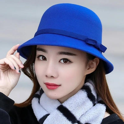 Women's Simple Elegant Pot Hat Wool Blended Bow Basin Hat Autumn Winter Solid Color Casual All-match Bucket Hat