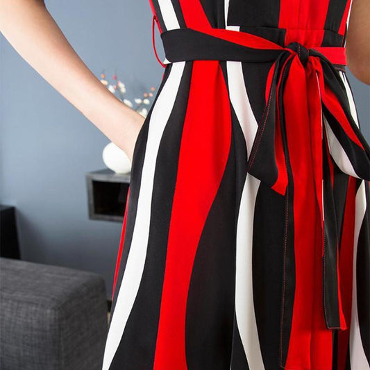 French Sleeveless Dress Female V-neck Slim Fit Waist Long Striped Big Hem Chiffon Skirt Plus Size Dress Waist Slim Slim Mid-length Dress