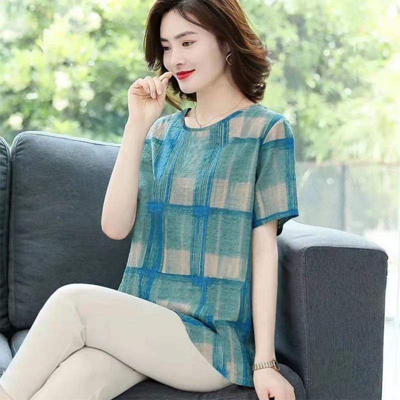 Large Size Women's Fashion Printing Mother Summer Clothes Short-sleeved Western Style Middle-aged and Elderly Tops Plaid T-shirts