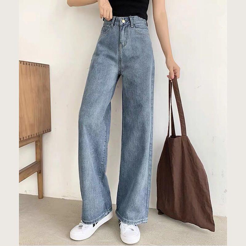 WTEMPO High Waist Women Jeans Loose Casual Great Elasticity Washed Denim Straight-leg Pants Super Long