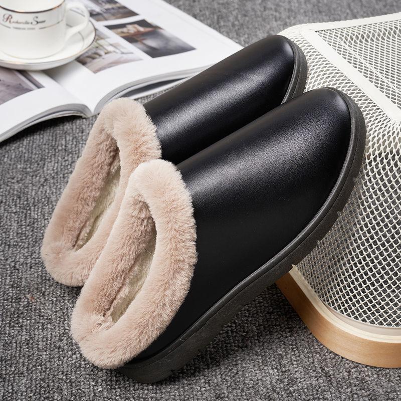 PU Cotton Slippers for Fall Winter Men's Women's Home Shoes Thick-soled Cotton Slippers with Waterproof and Non-slip Outer Wear