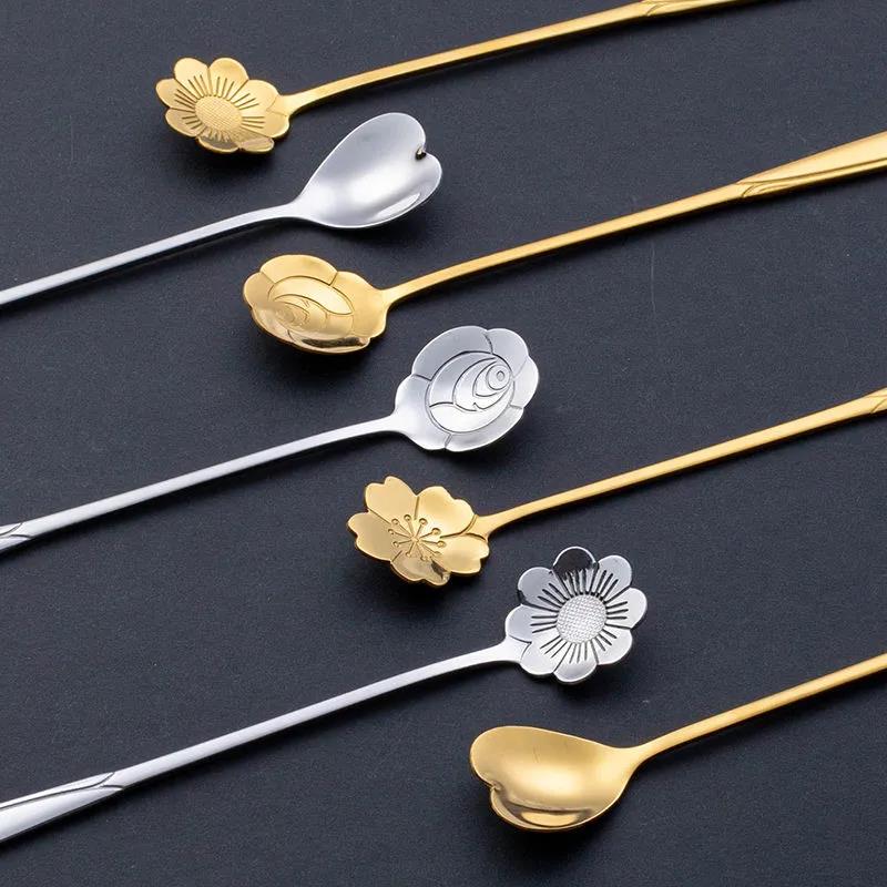 Creative Japanese Gold Stainless Steel Spoon Vintage Golden Coffee Tea Spoon Flower Sugar Dessert Tea Bar Coffee Tableware