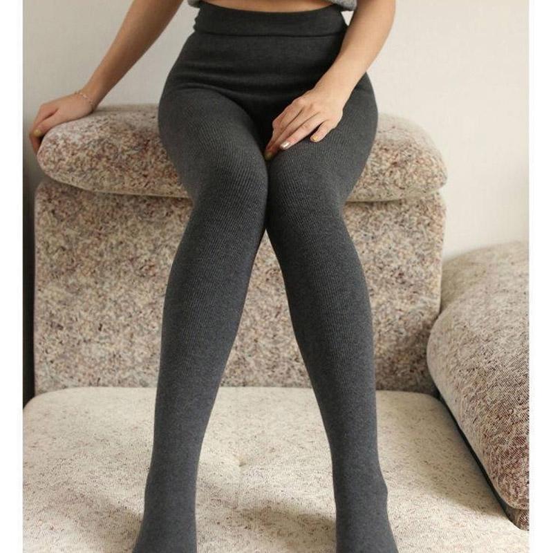 Winter Cotton Plus Velvet Thick Heat Storage Leggings Outer Wear Thin One-piece Pants Large Size High-waist Cotton Vertical Striped Thermal Pants