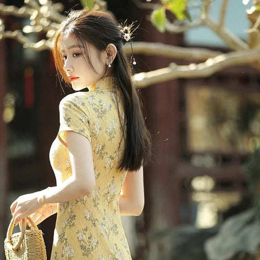 2021 Cheongsam Summer Young Little Man Improved Dress Yellow Daily Girl Retro Temperament