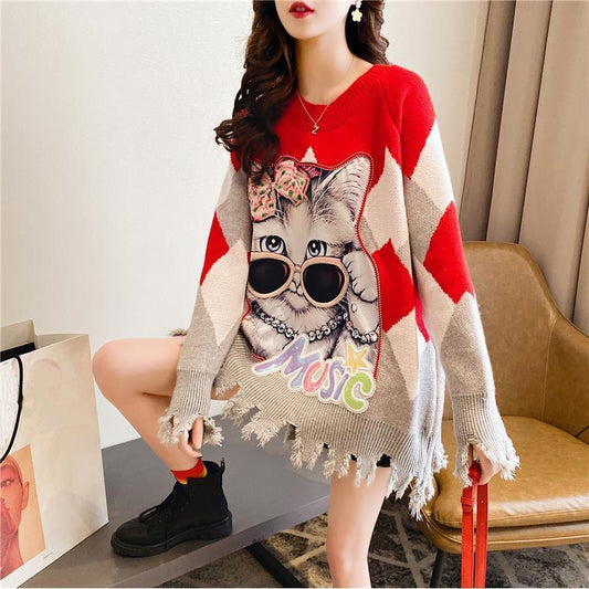 Autumn and Winter Mid-length Pullover Women Loose Casual Cartoon Print Tassel Sweater Jumper Outer Wear