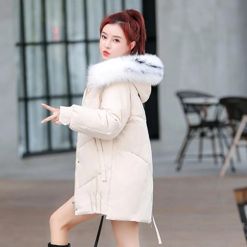 Winter Women's Big Fur Collar Down Jacket Solid Color Hooded Cotton Jacket Mid-length Korean Version of Slim and Thick Warm Down Jacket