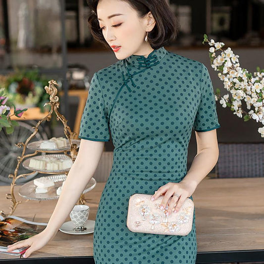 High-end Daily Cheongsam Dress Spring and Summer Knitting Improved Cheongsam Dress Mid-length Temperament Mother