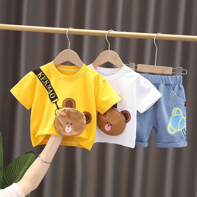 Children's Summer Boys Girls Short Sleeve Suit Casual Printed Bear Three-dimensional Pocket T-shirt Denim Shorts Two Piece Set