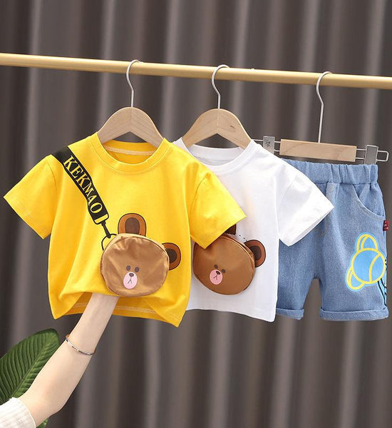 Children's Summer Boys Girls Short Sleeve Suit Casual Printed Bear Three-dimensional Pocket T-shirt Denim Shorts Two Piece Set