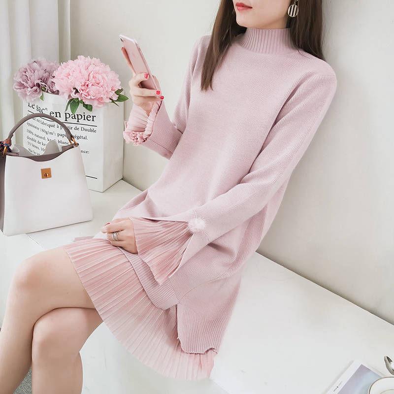 Pofulove Long Section Chiffon Bell Sleeve Sweater Dress Sweet Solid Color Jumper Knitwear Skirt