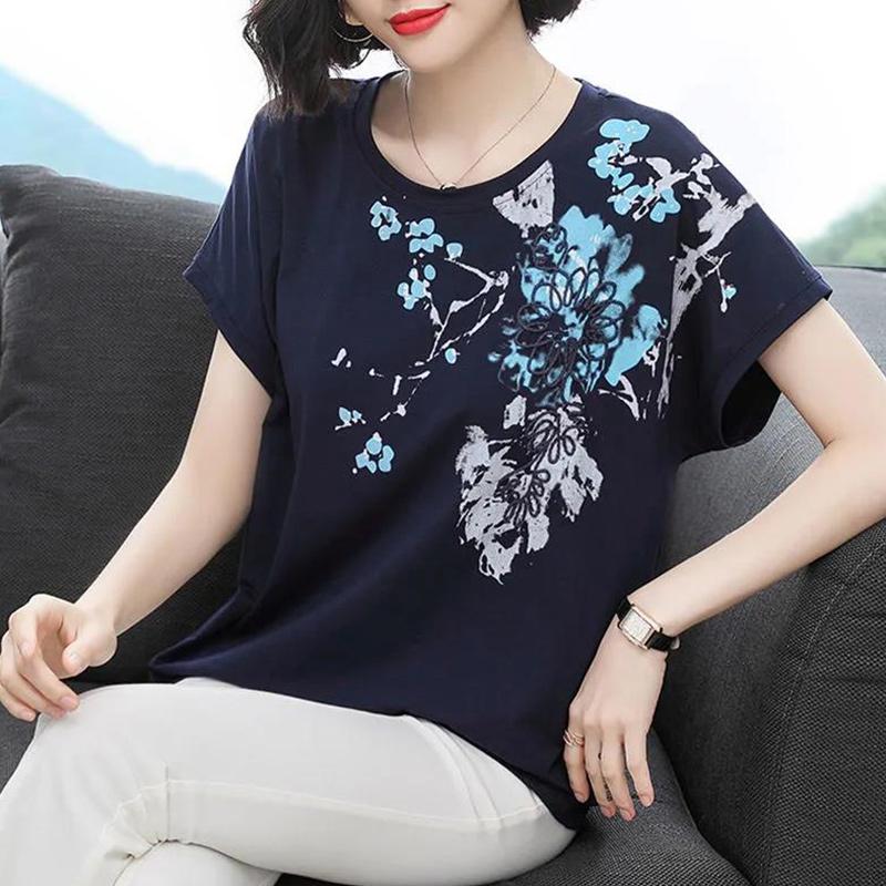 Cotton Floral Short Sleeve T-Shirt Ladies Summer Loose Large Size Fat Crew Neck Top