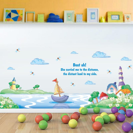 Waistline stickers baseboard bathroom ocean lake boat blue sea wallpaper