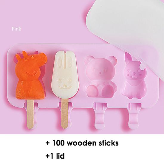 Homemade Food Grade Silicone Ice Cream Molds Ice Lolly Moulds Freezer Cartoon Ice Cream Bar Molds Maker with 100 Popsicle Sticks