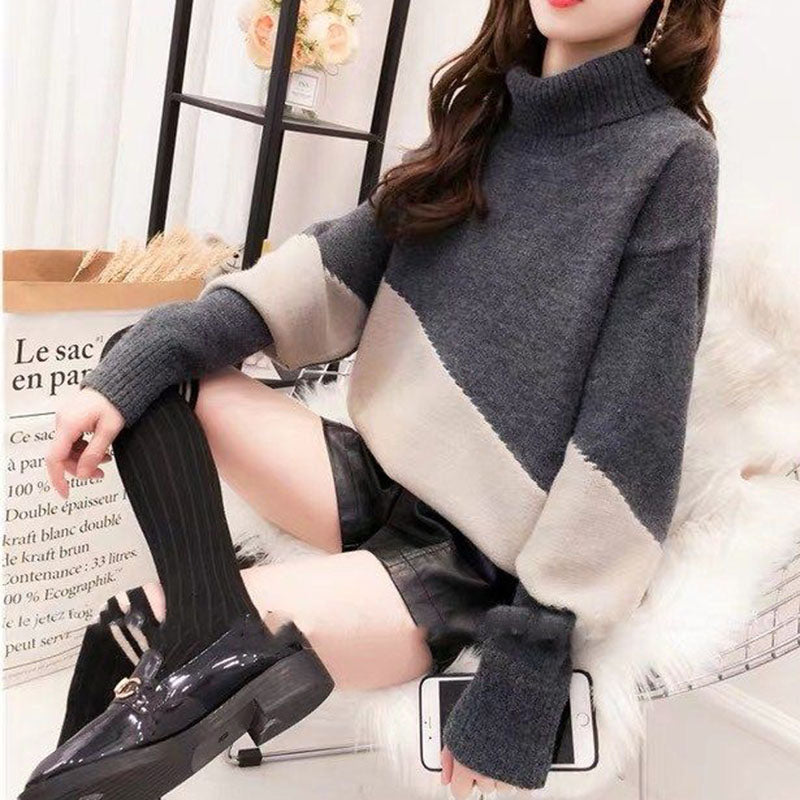 Autumn and Winter High Neck Thick Sweater Pullover Loose Casual Jacket Color Matching Simple Female Jacket