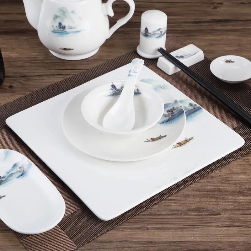 Chinese-style Hotel Tableware Four-piece Set of Bone Dish Fin Bowl Teacup Spoon Landscape Painting Ceramic Tableware