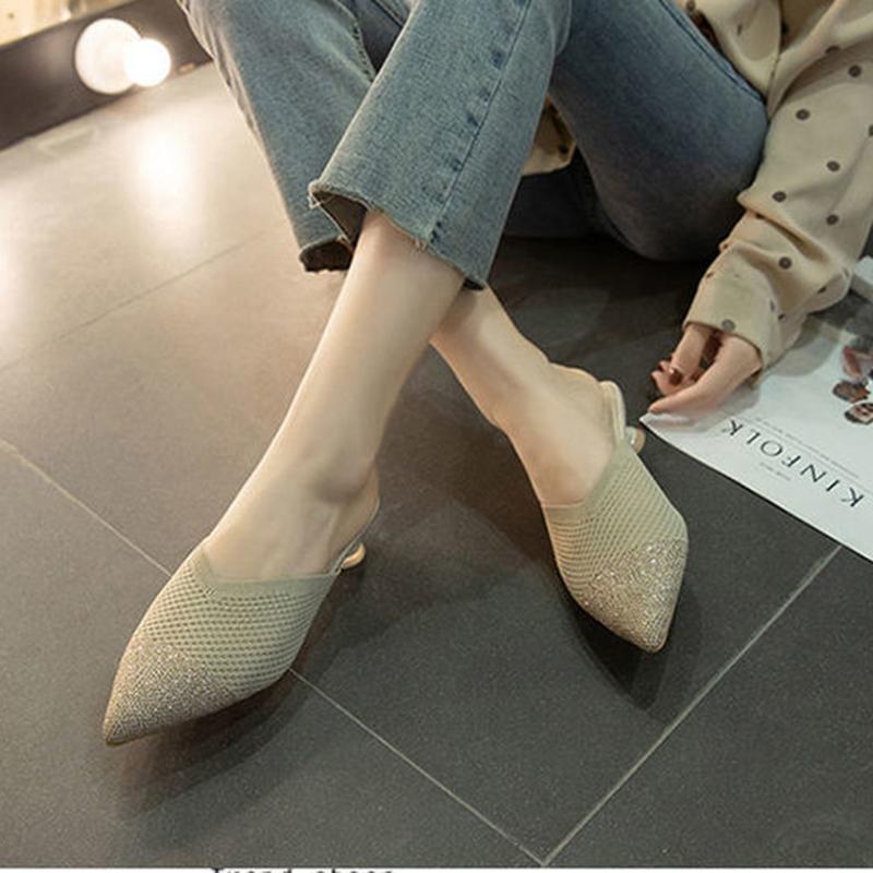 Spring and Summer Rhinestone Pointed Slippers Women's Outer Wear Baotou Half Slippers All-match High Heels Women