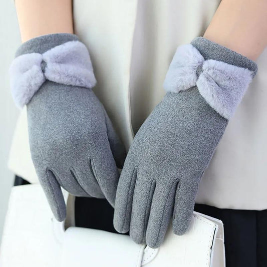 Gloves Women's Winter Plus Velvet Warm, Windproof and Cold-proof Korean Version Cute Touch Screen Riding Driving Velvet Gloves