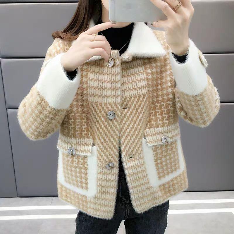 Autumn and Winter Korean Style Coat Loose Houndstooth Knitted Cardigan Lapel Long-sleeved Short Sweater