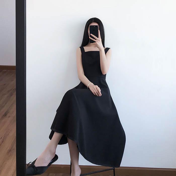 Pofulove S-3XL Women Frosty Long Black Camisole Dress Sexy Slim Sleeveless Dress A-line Dresses