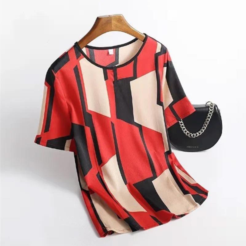 Summer Ice Silk T-shirt Women Middle-aged and Elderly Mothers Wear Thin Western-style Large Size Top Printing Loose and Thin Bottoming Shirt